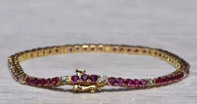 7CT Round Cut Red Ruby Simulated Tennis Bracelet 14K Yellow Gold Over For Women