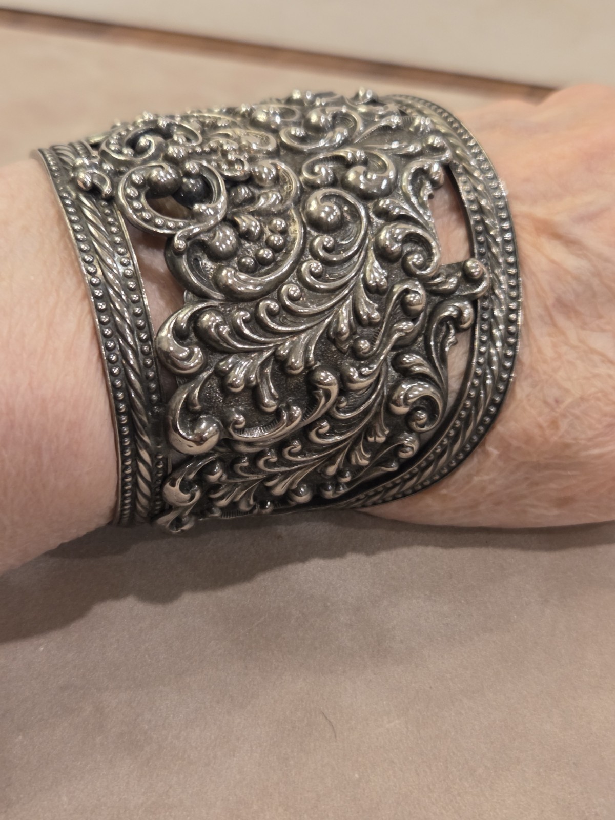 1950’s Napier Wide Silver Tone Ornate Openwork Cuff Bracelet 8″ Circumference