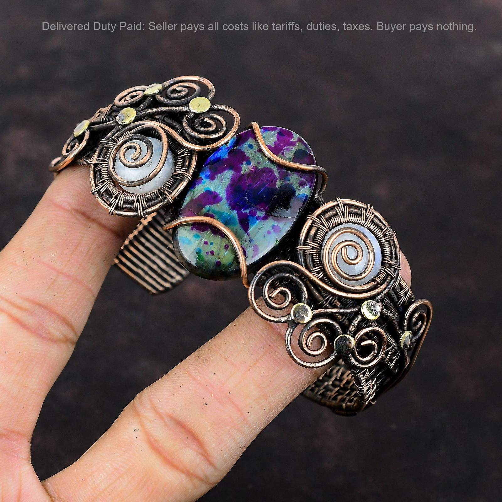 Copper Mystic Fire Labradorite Stone Rainbow Moonstone Wire Wrap Cuff Bracelet