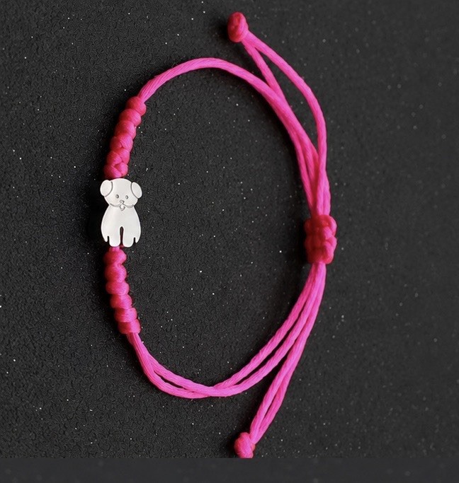 Adjustable Pink Cord Bracelet w/ Dog Dangle Charm Slide Closure