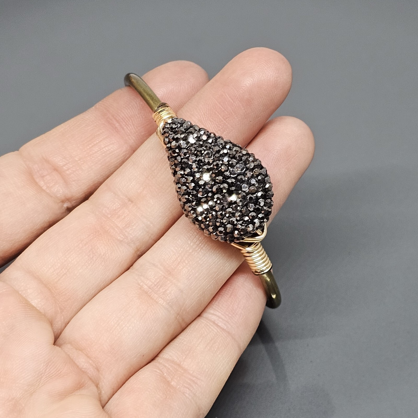 Cluster Black Rhinestone Brass Tone Bracelet Open Cuff Bangle for Small Wrist