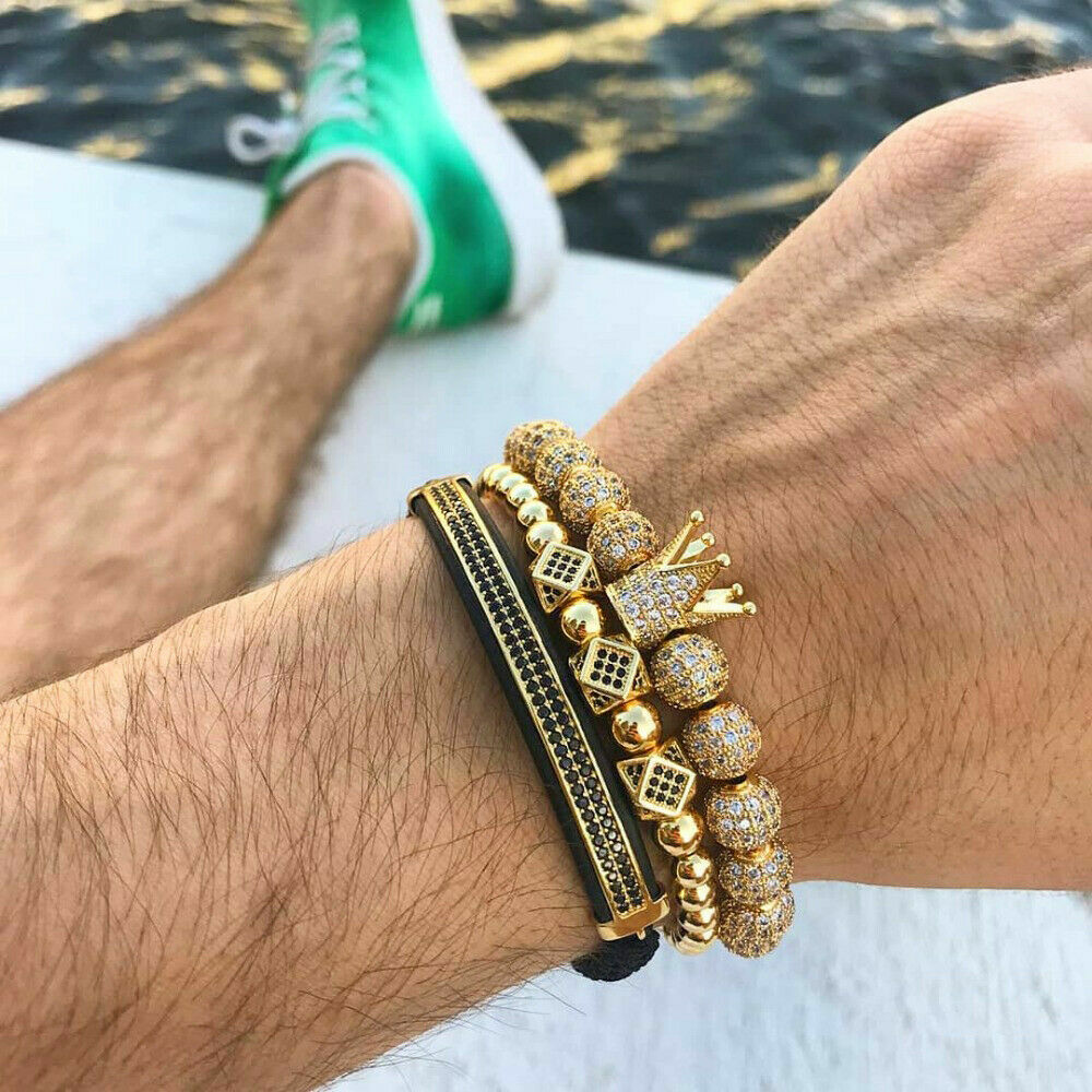 Men 18kt Gold Plated CZ Crown Bracelet Roman Numeral Stainless Steel Cuff Bangle