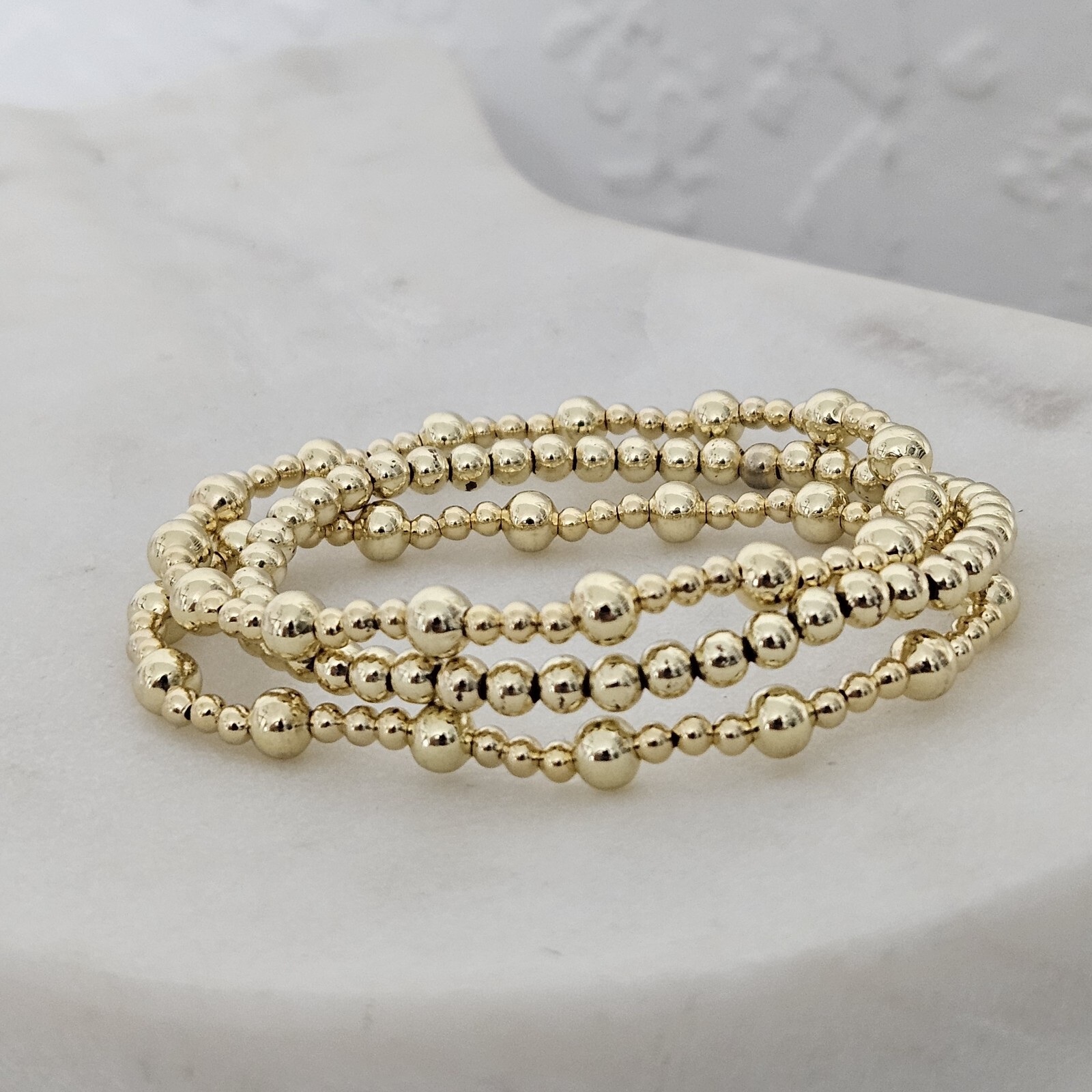 3 Piece 18k Gold Filled Elastic beaded bracelet Gold Ball bracelet