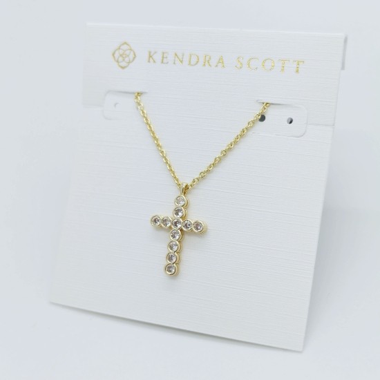 New Kendra Scott Cross Crystal Gold Pendant Necklace in White Cubic Zirconia