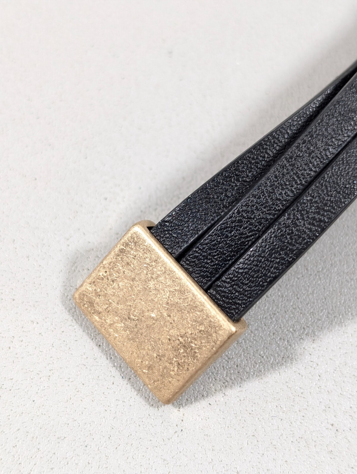 Gold Tone Matte Three Row Faux Black Leather Magnetic Bracelet 7 in Boho Western