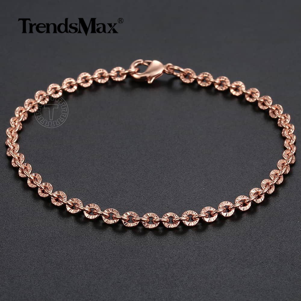 3mm 7″ Rose Gold Filled CUT Rolo Round Link Bracelet Womens Ladies Girls Chain