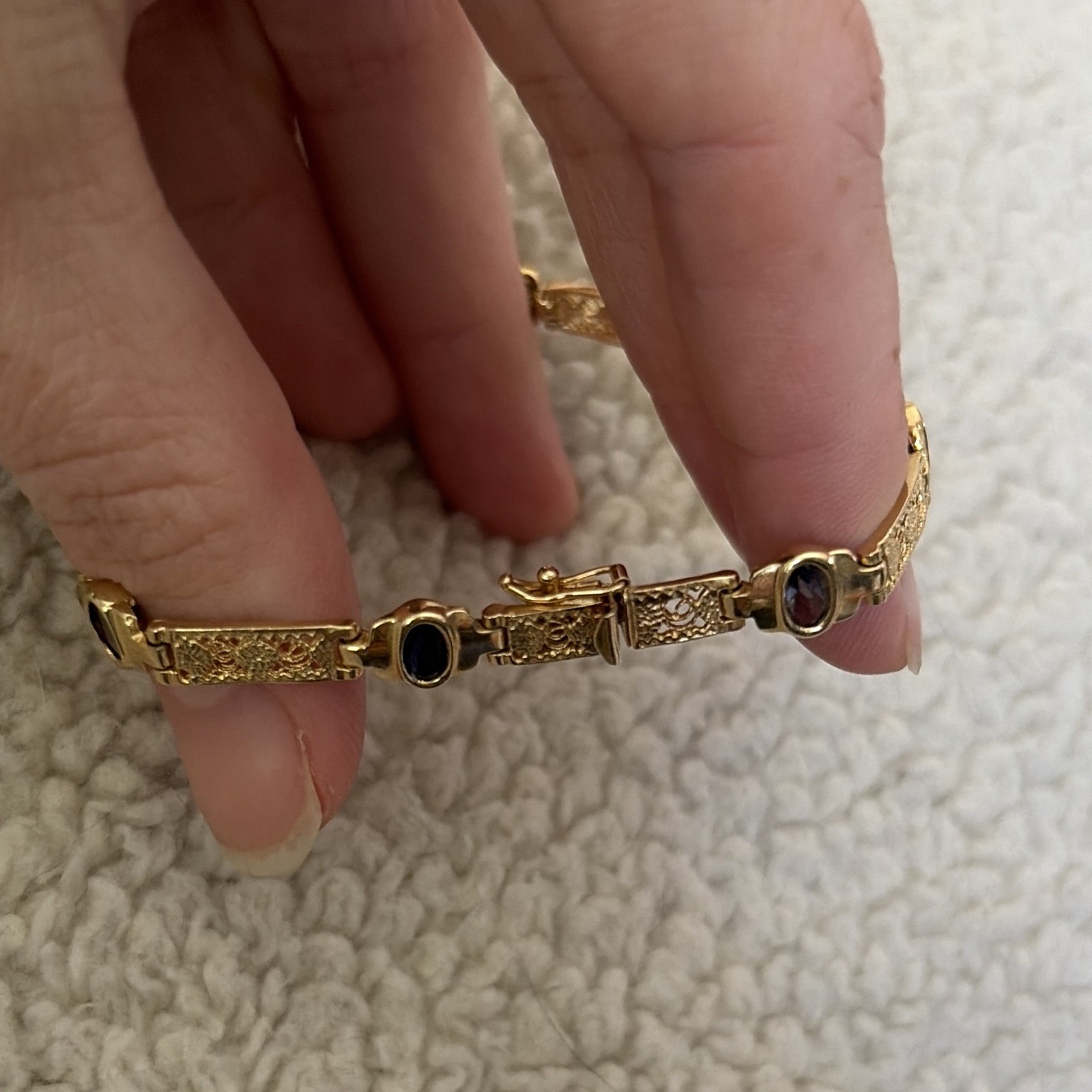 Vintage 14K Yellow Gold Filigree Amethyst Link Bracelet 10g Pat 4697315