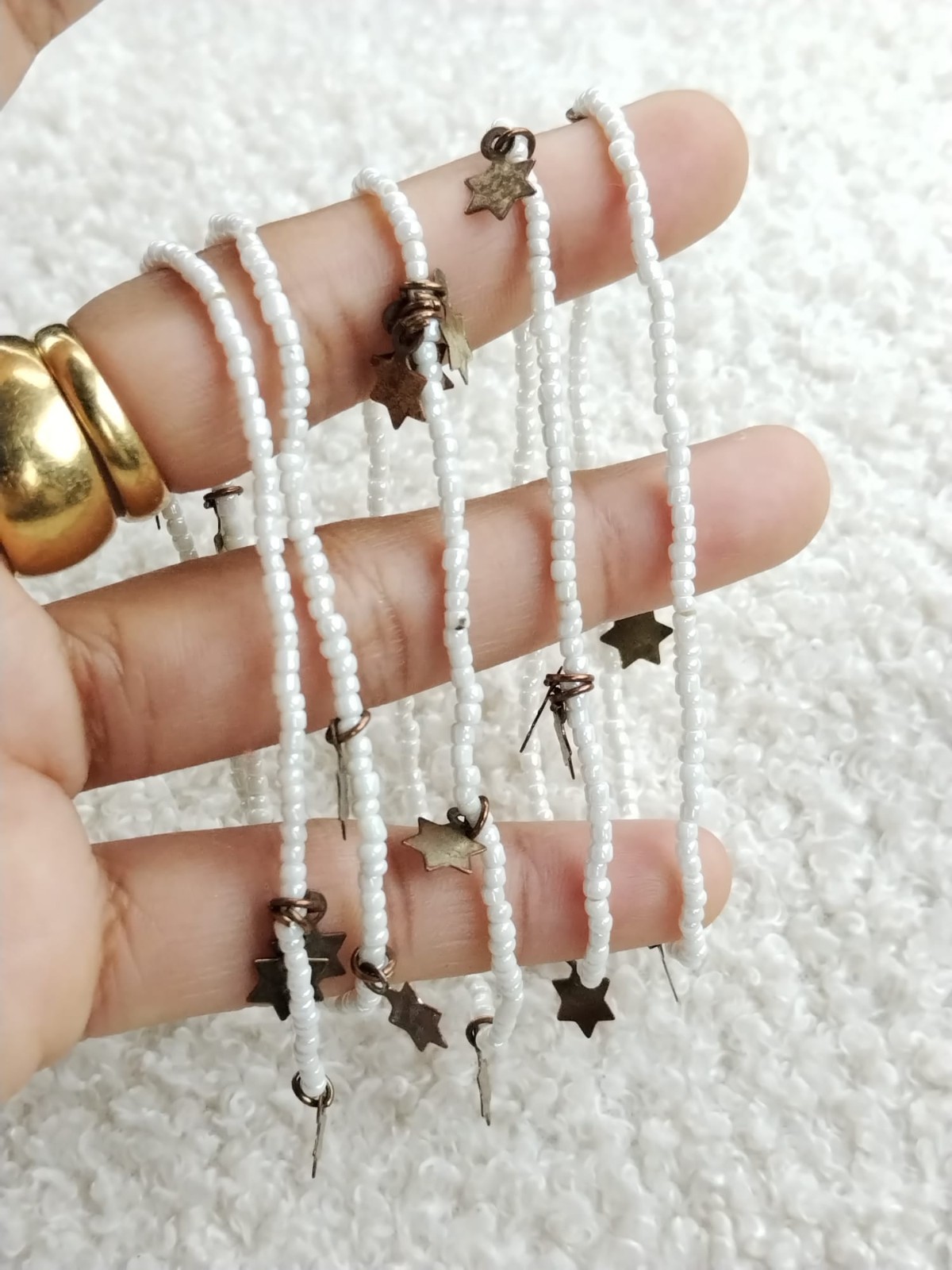 5 X White Glass Seed Bead Elasticated Bracelets , Multi Metal Star Charms