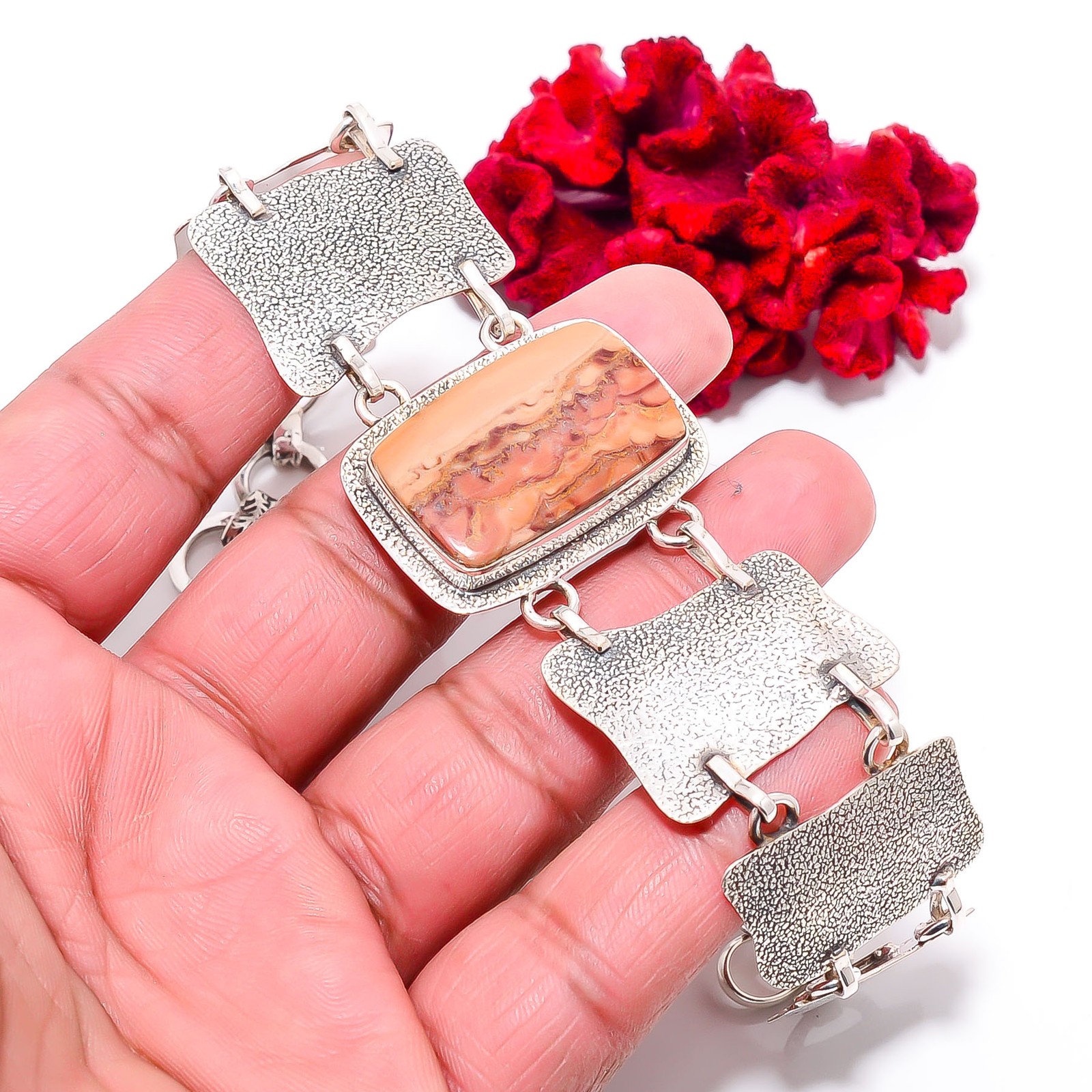 Wave Dolomite – Mexico 925 Sterling Textured Silver Bracelet 8.99″ B8439