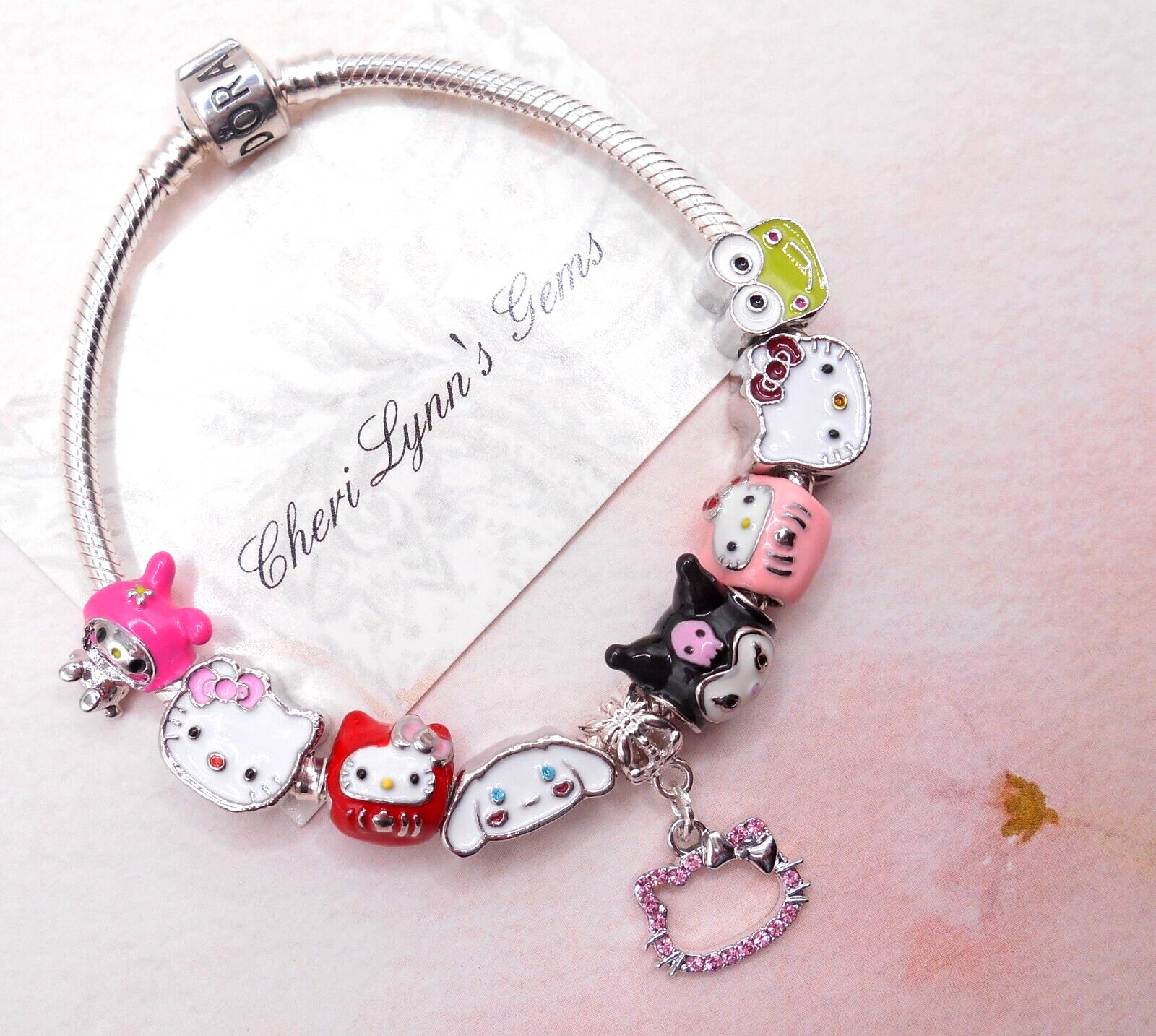PANDORA SILVER BRACELET WITH KITTY & FRIENDS PINK CZ THEMED CHARMS & BOX!