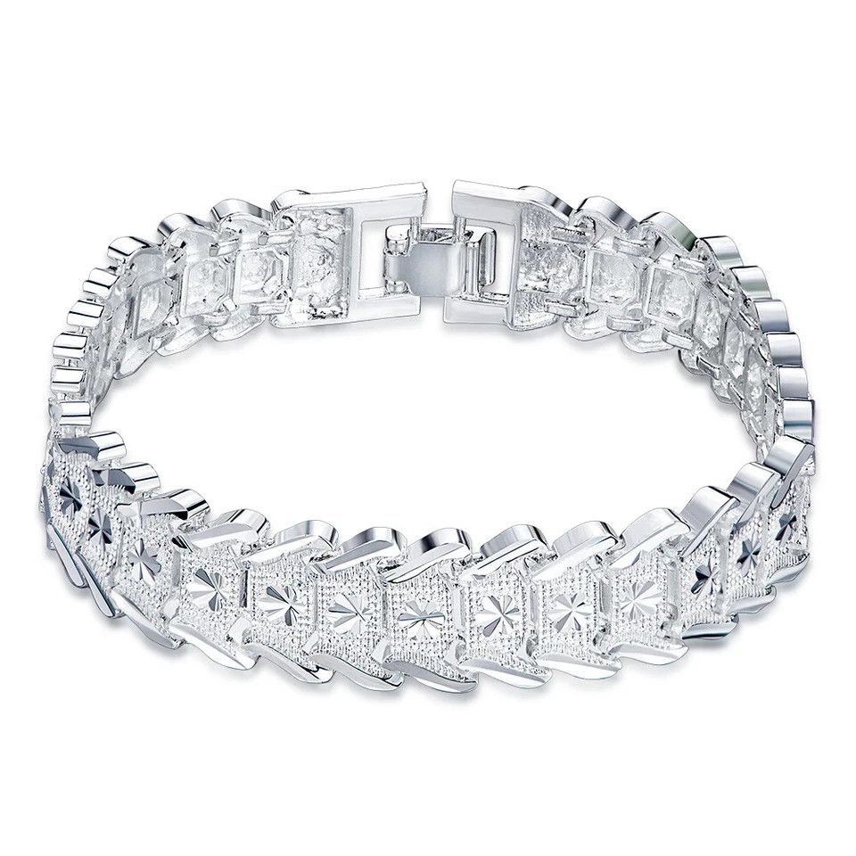 925 Sterling Silver Pattern Flower Wide Wristband Bracelet Chain Fashion Jewelry