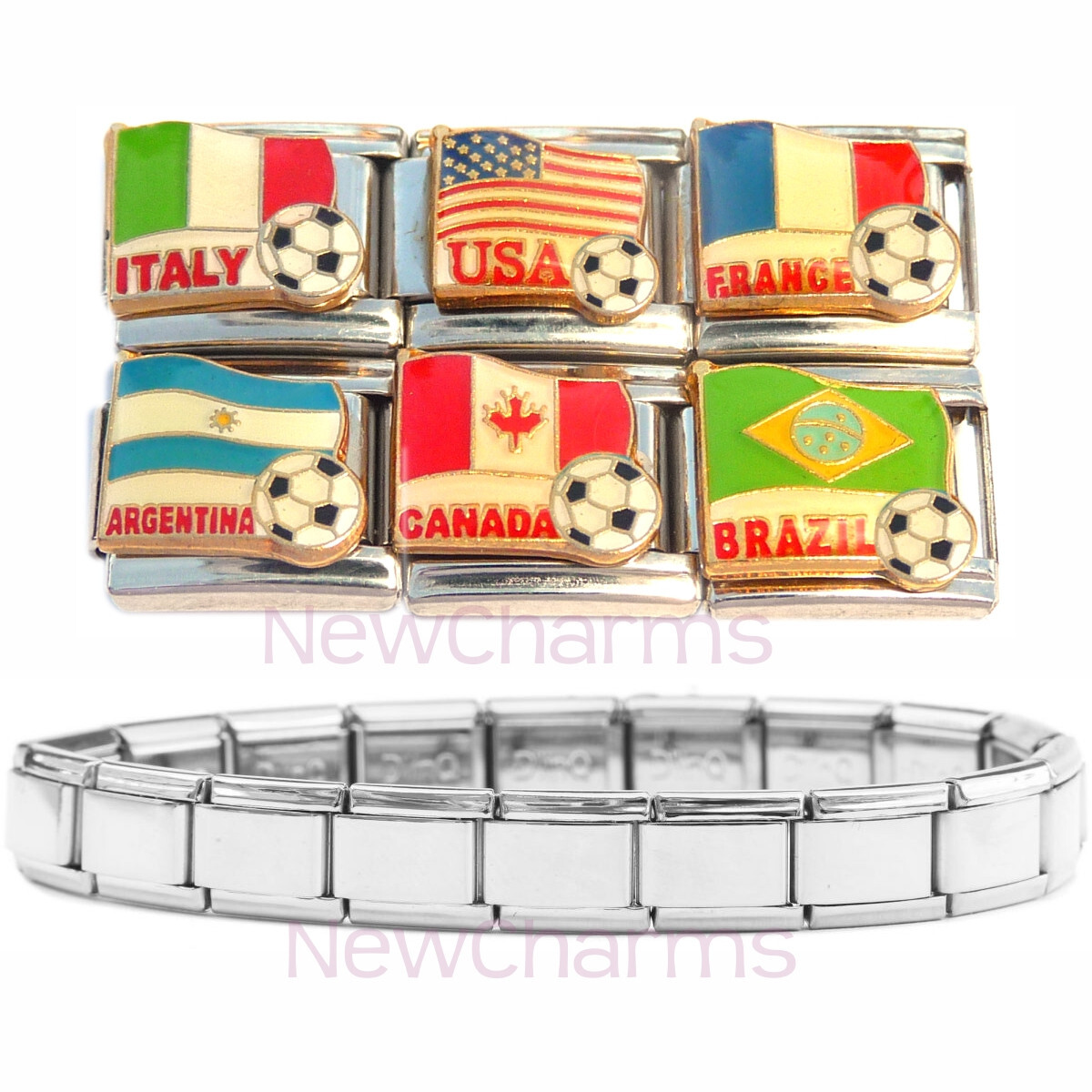 6 Soccer Italian Charms & Starter Bracelet – USA Italy France Canada … MIX127