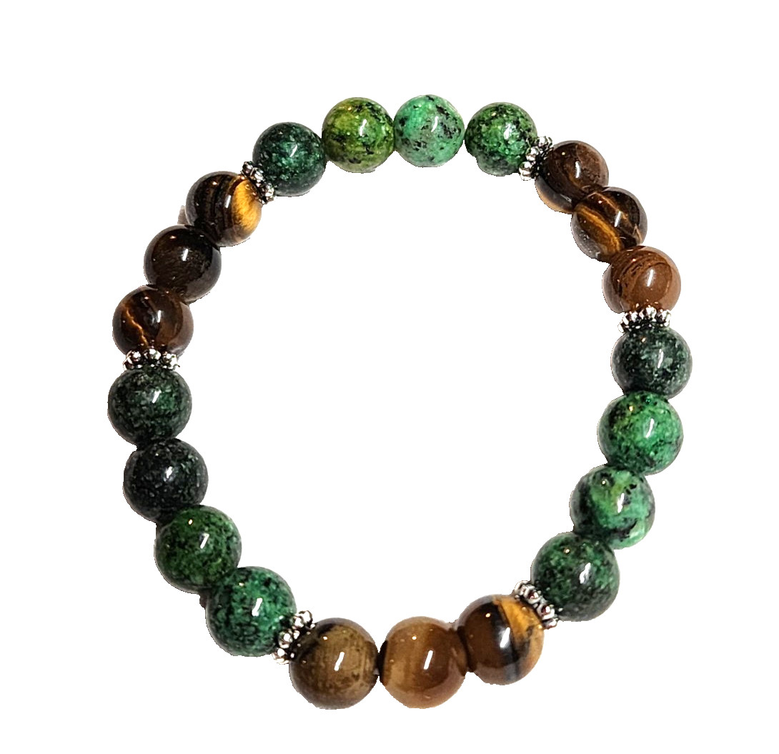 Green-Orange & Brown Serpentine Agate Tiger’s Eye Stretch Bracelet Lot 2 Nature
