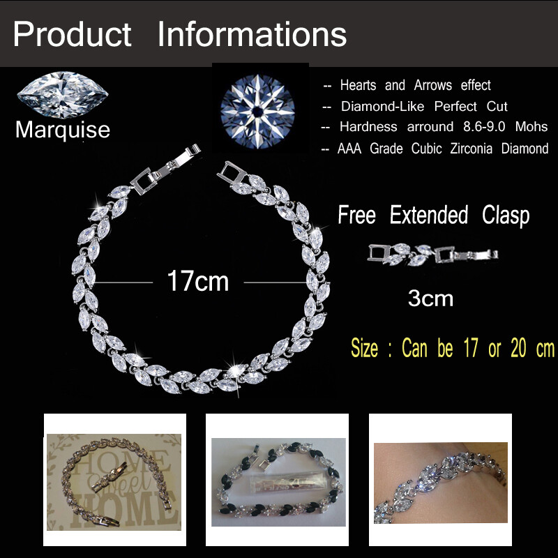 Fashion Silver Plated Marquise Cubic Zirconia Leaf Tennis Bracelet Women Jewelry