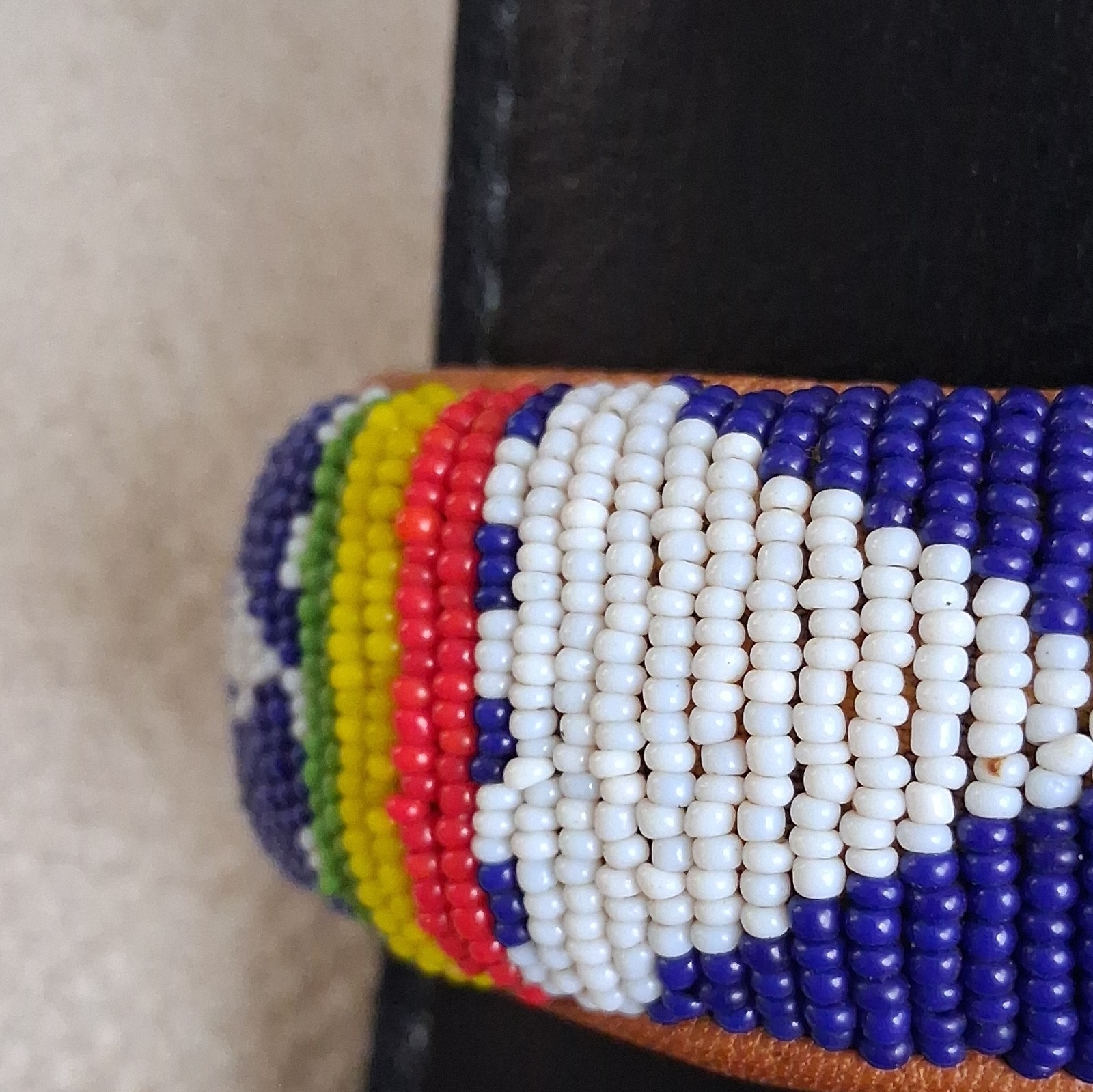Leather Beaded Bangle Bracelet Multicolor Blue & White Glass Beads Stripe Cuff