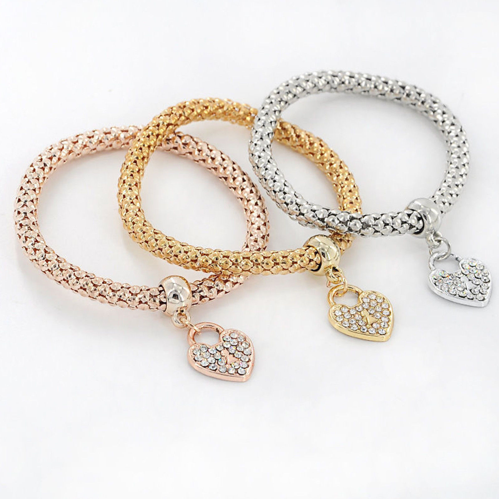 Women’s Fashion Jewelry 3 Piece Silver Rose Gold Heart Bangle Bracelet 53-2