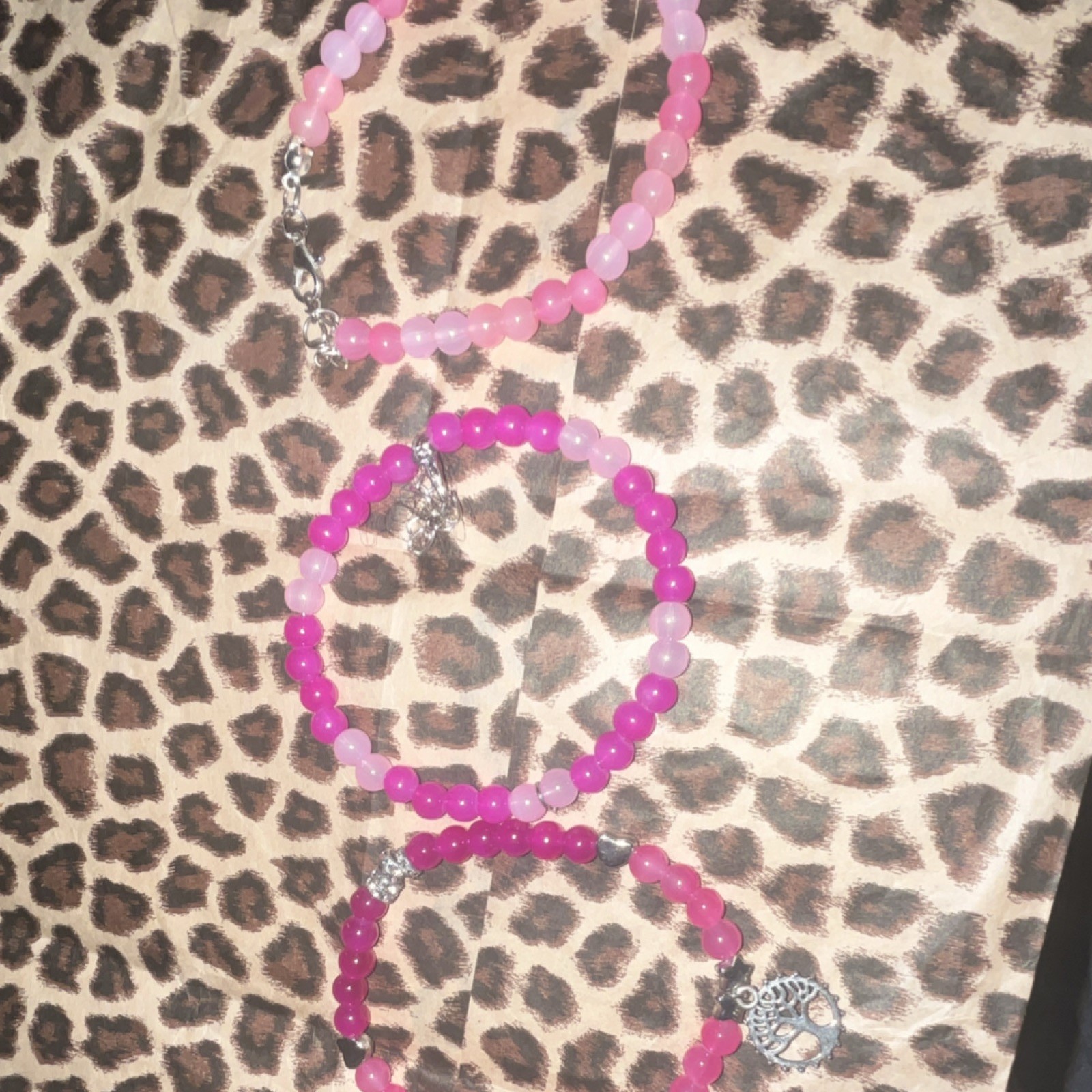Pink Beaded Charm Bracelets, one w/ Tree of Life Dangle, Lobster Closure Plastic