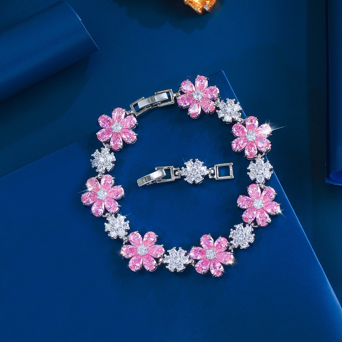 Sparkly Yellow Gold Plated Cubic Zirconia Flower Tennis Bracelet for Women Party