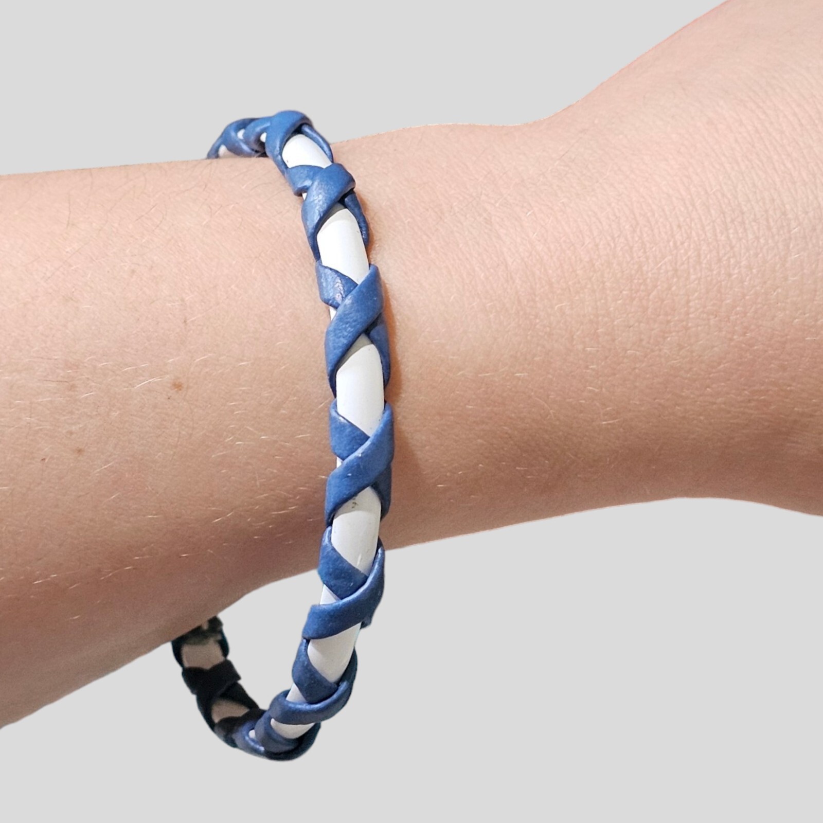 White Enamel Bangle Faux Leather Wrapped Bracelet