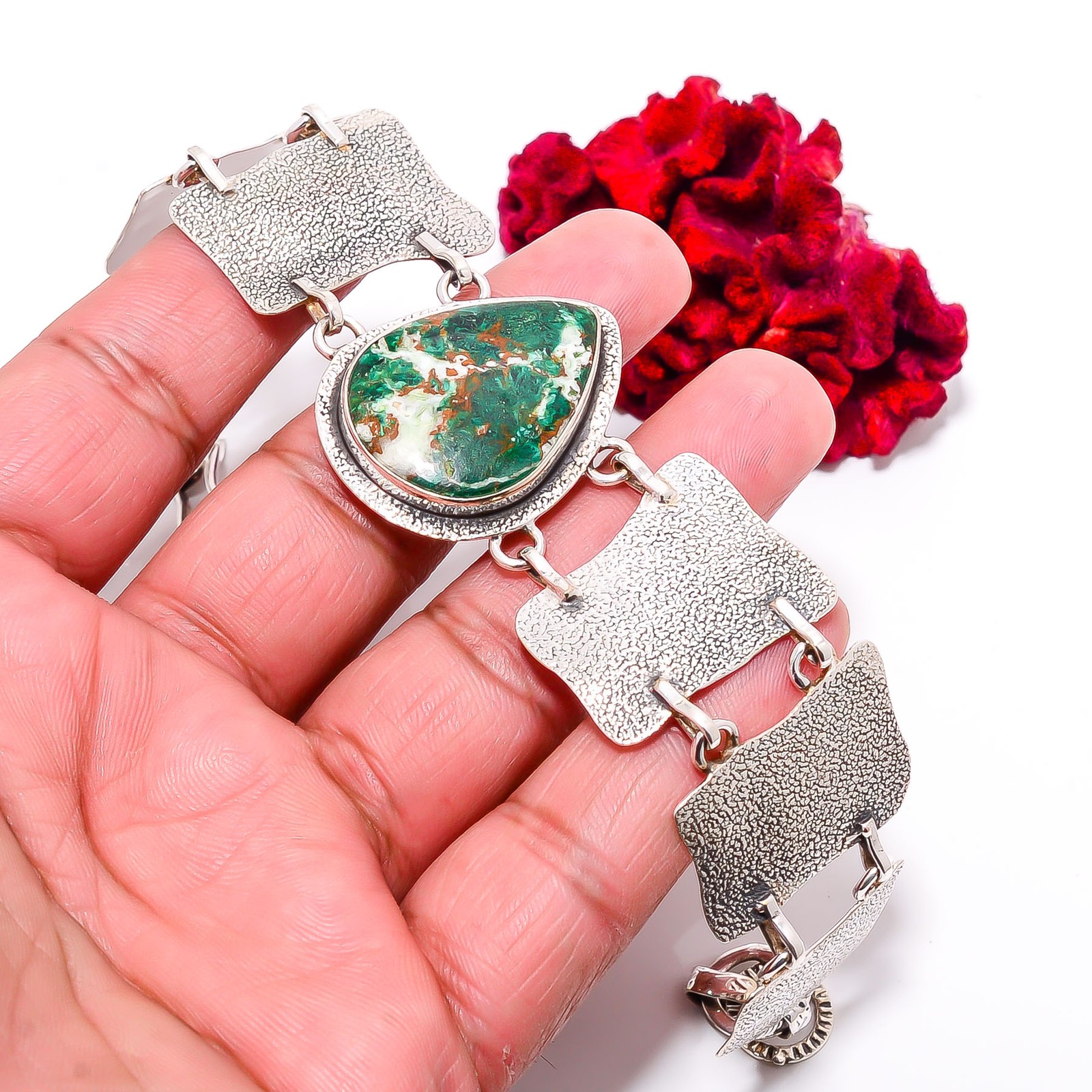 Cuprite Chrysocolla – Africa 925 Sterling Textured Silver Bracelet 8.99″ B84337