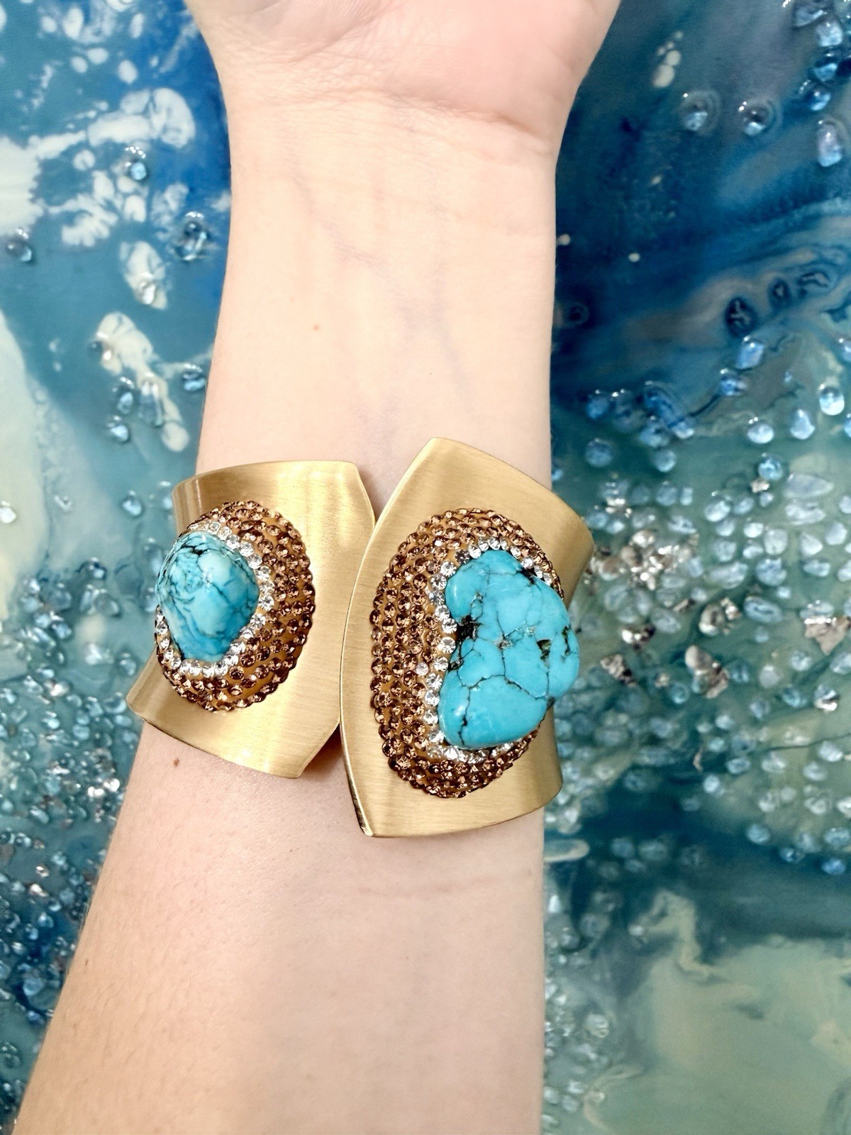 Gold Plated Asymmetrical Cuff Bracelet Blue Turquoise Bezel Set Hinged Stackable
