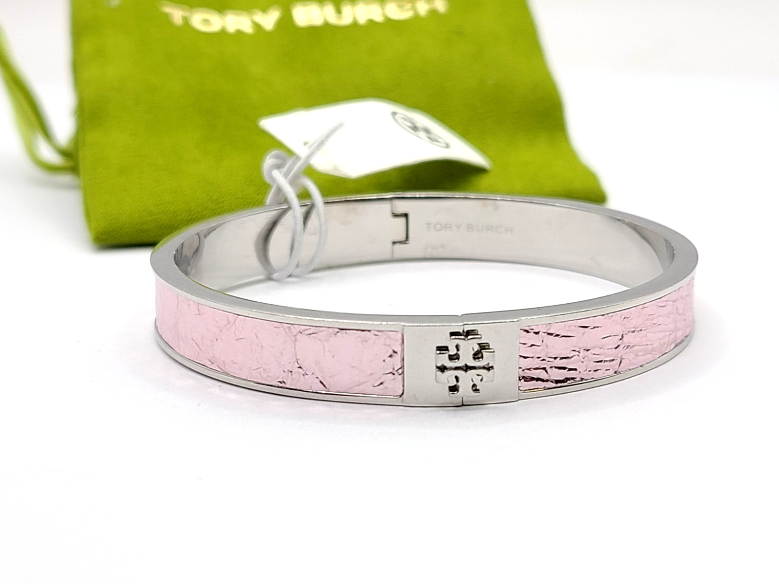 Tory Burch Silver/Shiny Pink Slim Leather Inlay Women’s Cuff Bracelet Size M