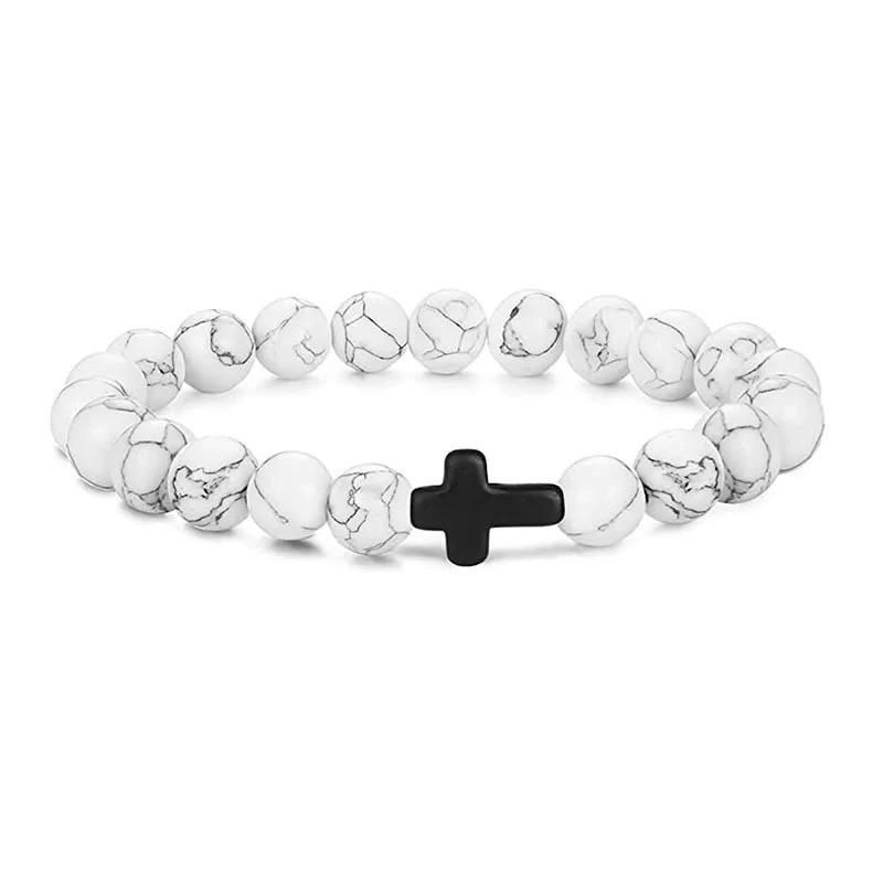 Natural Stone Beads Bracelet Hematite Cross Prayer Yoga Jewelry Men Women