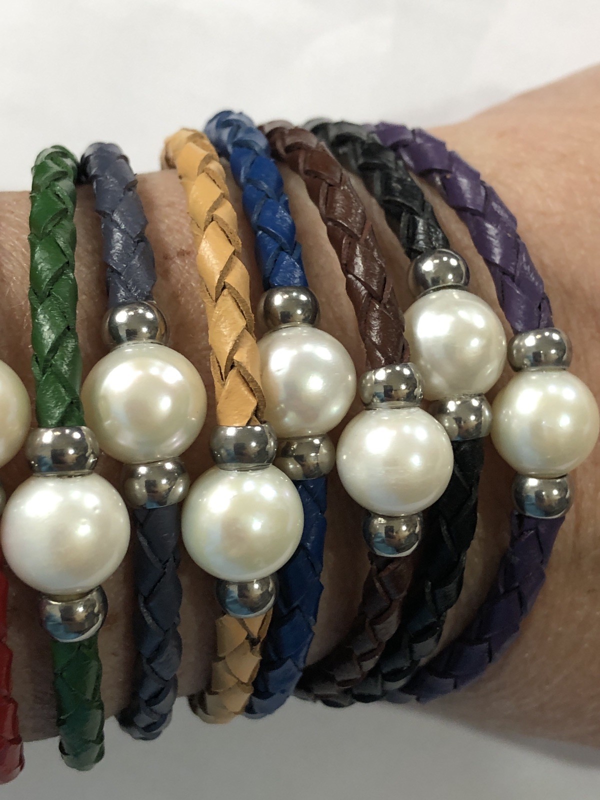 Braided Bracelet Faux Leather Wrap Multicolor Pearl Adjustable – Lot of 8
