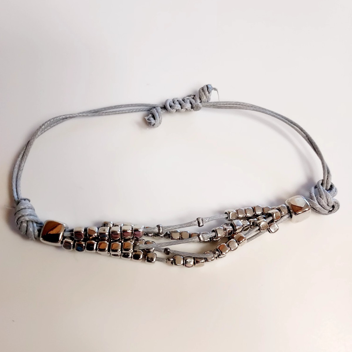 Gray Adjustable Cord Bracelet, Slide Closure, Silver-Tone Metal Bead Strands