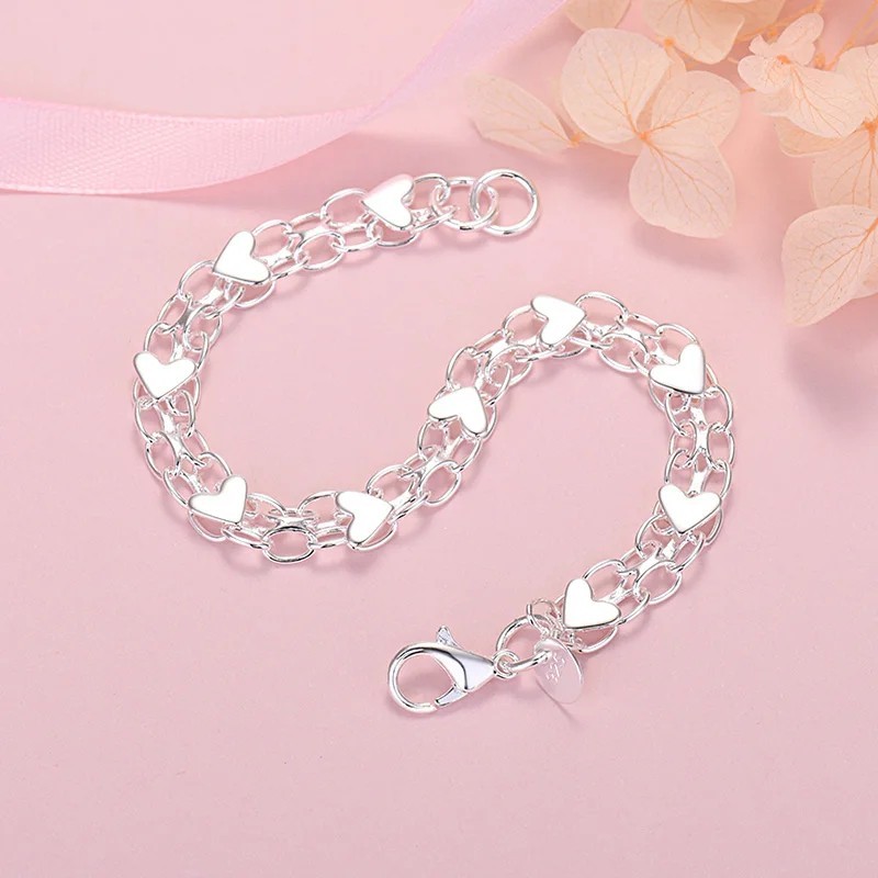 925 Sterling Silver Heart Bracelet for Women Fashion Wedding Party Gift