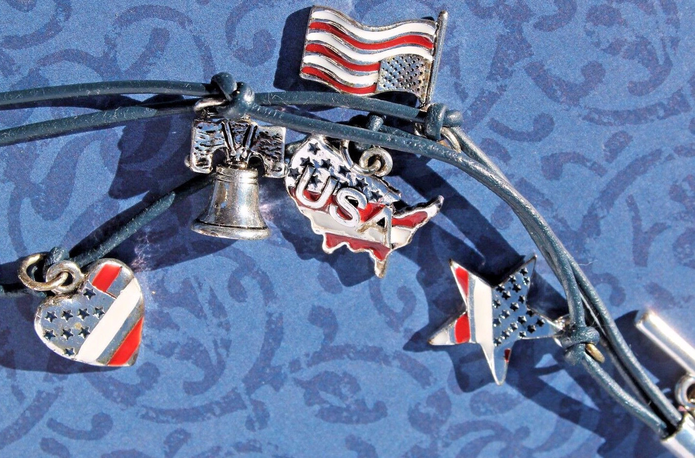 Americana Bracelet Statue of Liberty Bell Flag Star USA, 7 Enamel Charms