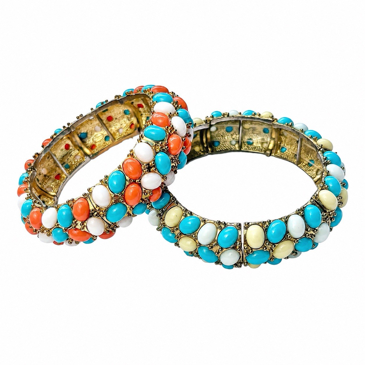 Chunky Turquoise & Coral Stone Cluster Stretch Bracelets Set of Two Bangles