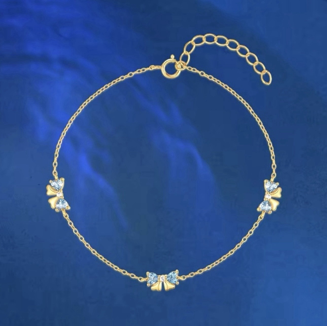 Gold Plated Bracelet 925 Sterling Silver Blue Bow Stones CZ Size Adjustable