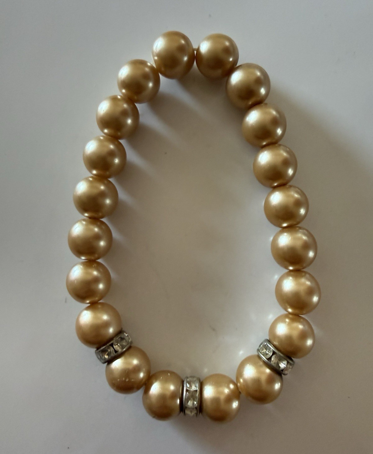 Gold Faux Pearl Stretch Bracelet with Rhinestone Accents – Costume Jewelry