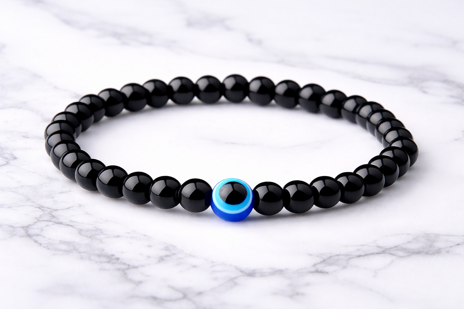 Turkish Greek Evil Eye Bracelet 6mm Elastic Cord Black Bead Handmade Unisex
