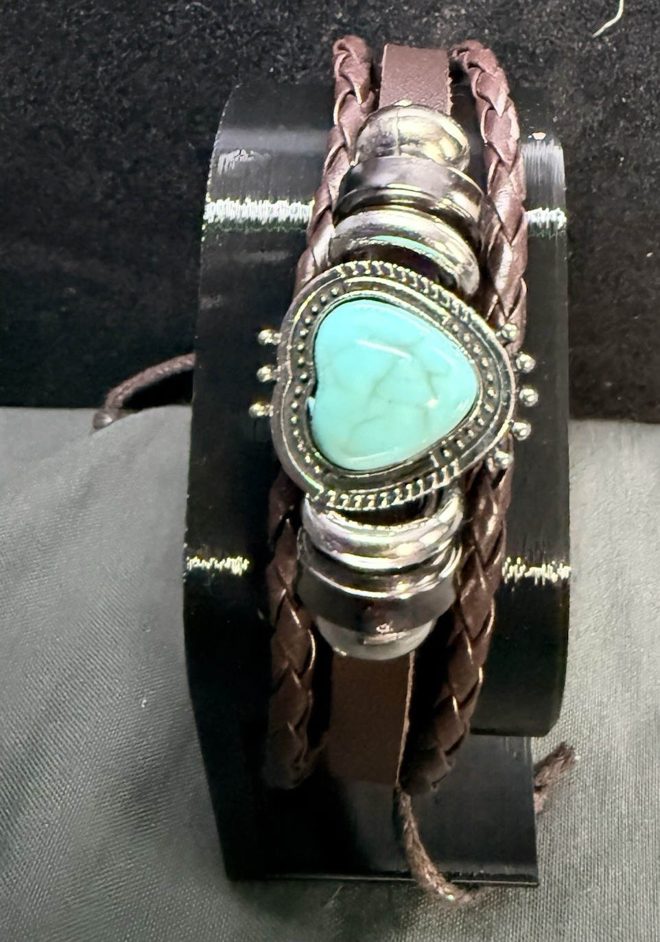 Braided Faux Leather Wrap Charm Bracelet Heart Turquoise Bezel Dangle Tie