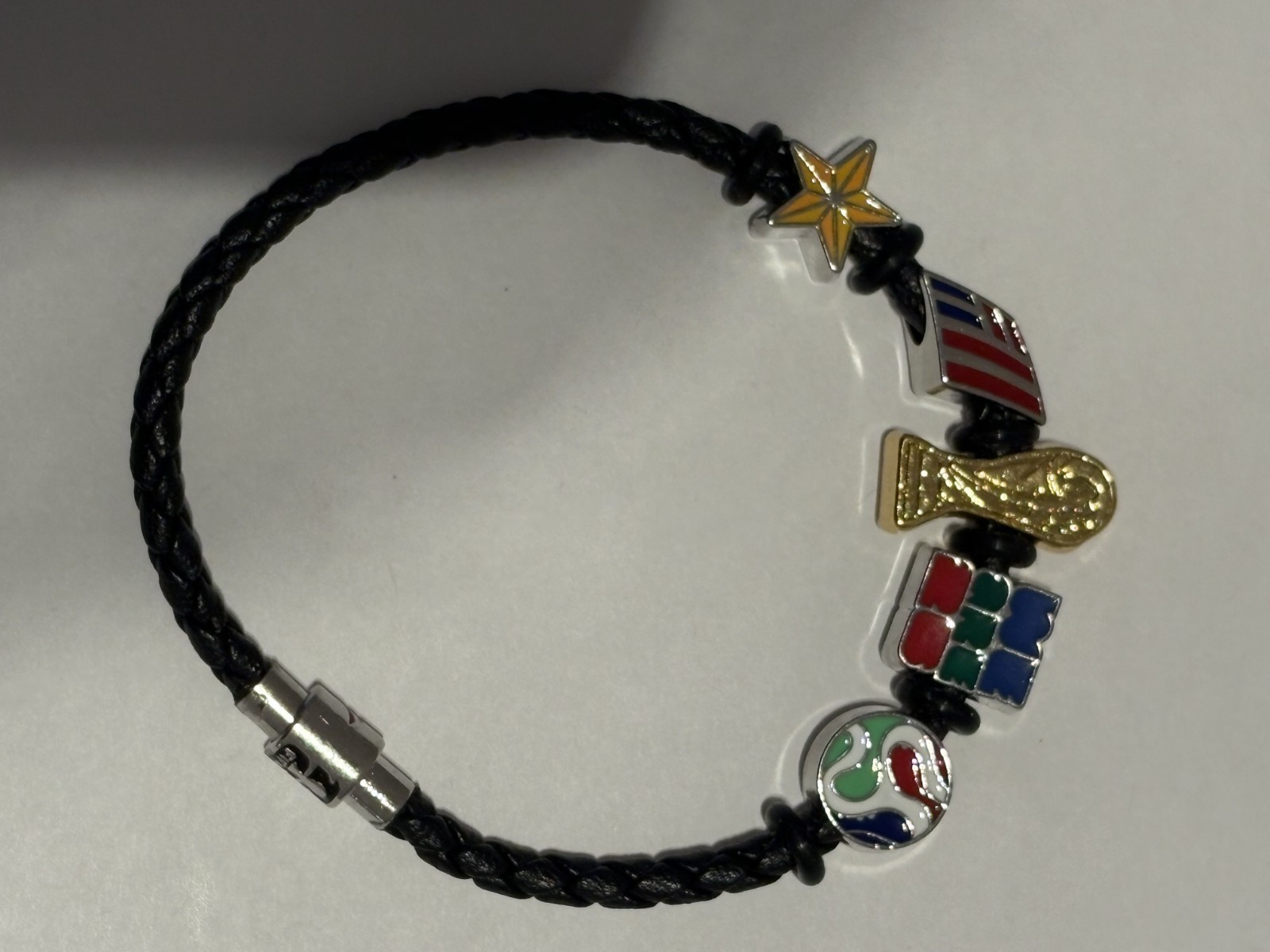 FIFA World Cup Soccer Braided Cord Charm Bracelet Black w/ Multicolor Beads