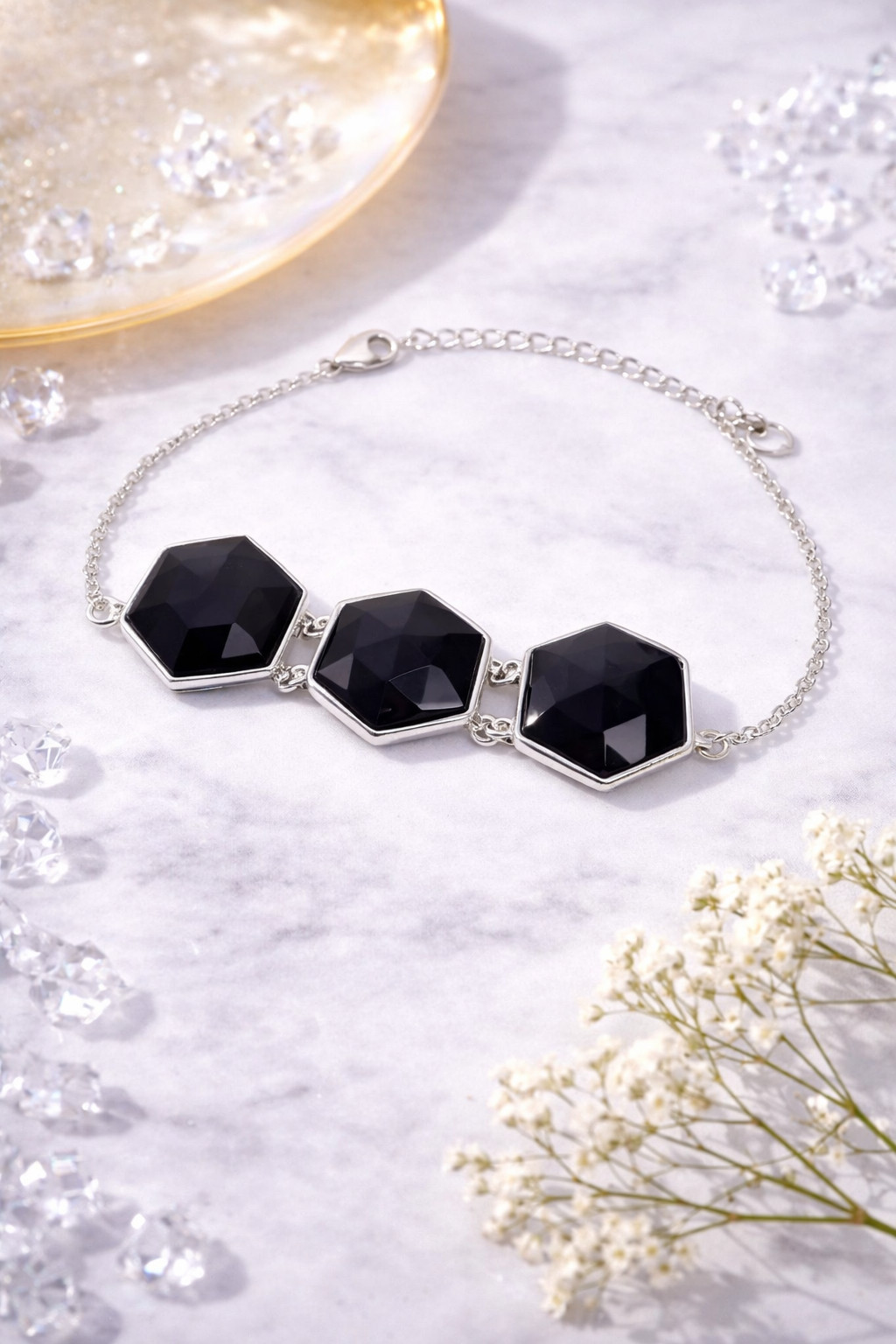 Choose Any Natural Gemstone Hexagon Station Bracelet 925 Sterling Silver Jewelry
