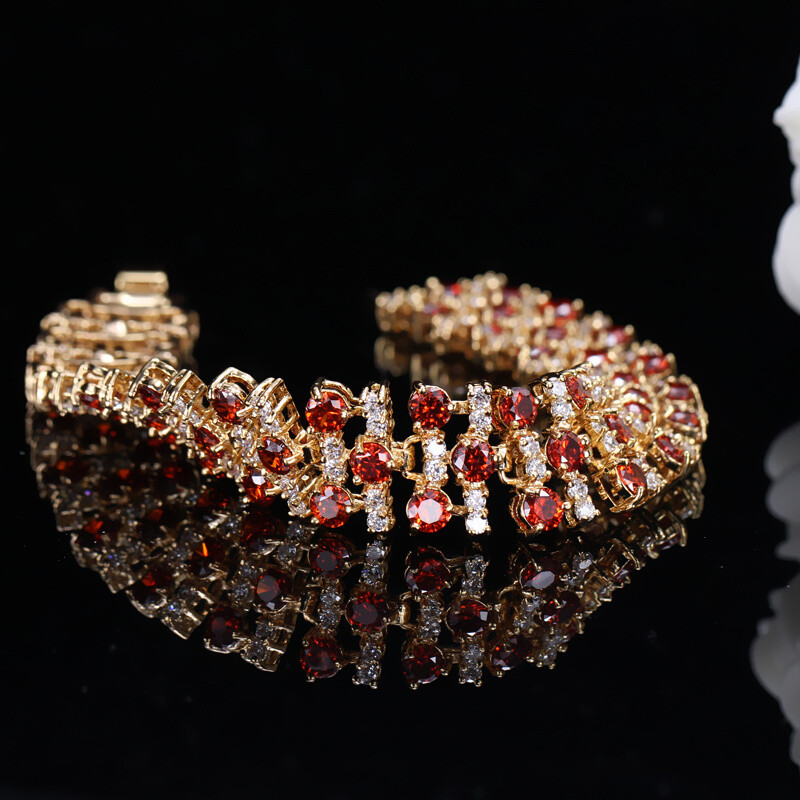 Yellow Gold Plated Big Cubic Zircon Red Tennis Charm Wedding Bracelet for Women