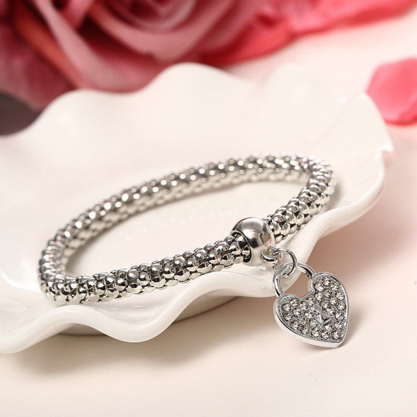 Women’s Fashion Jewelry 3 Piece Silver Rose Gold Heart Bangle Bracelet 53-2