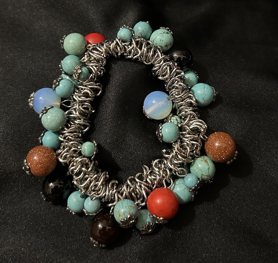 Beads Stones Bracelet M/Large Turquoise Blue Red Stretchy Silver Toned Bangle