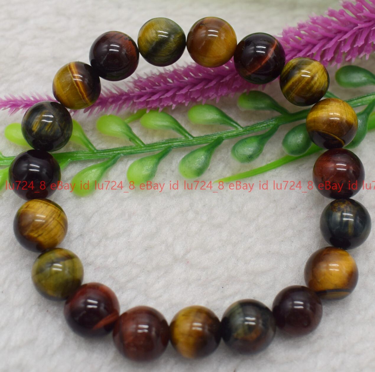 Natural 6-14mm Red Yellow Blue Tiger’s Eye Round Gem Beads Elastic Bracelet 7.5″