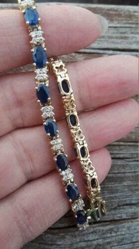 8Ct Oval Simulated Sapphire Women’s Tennis Bracelet In 14K Yellow Gold Plated