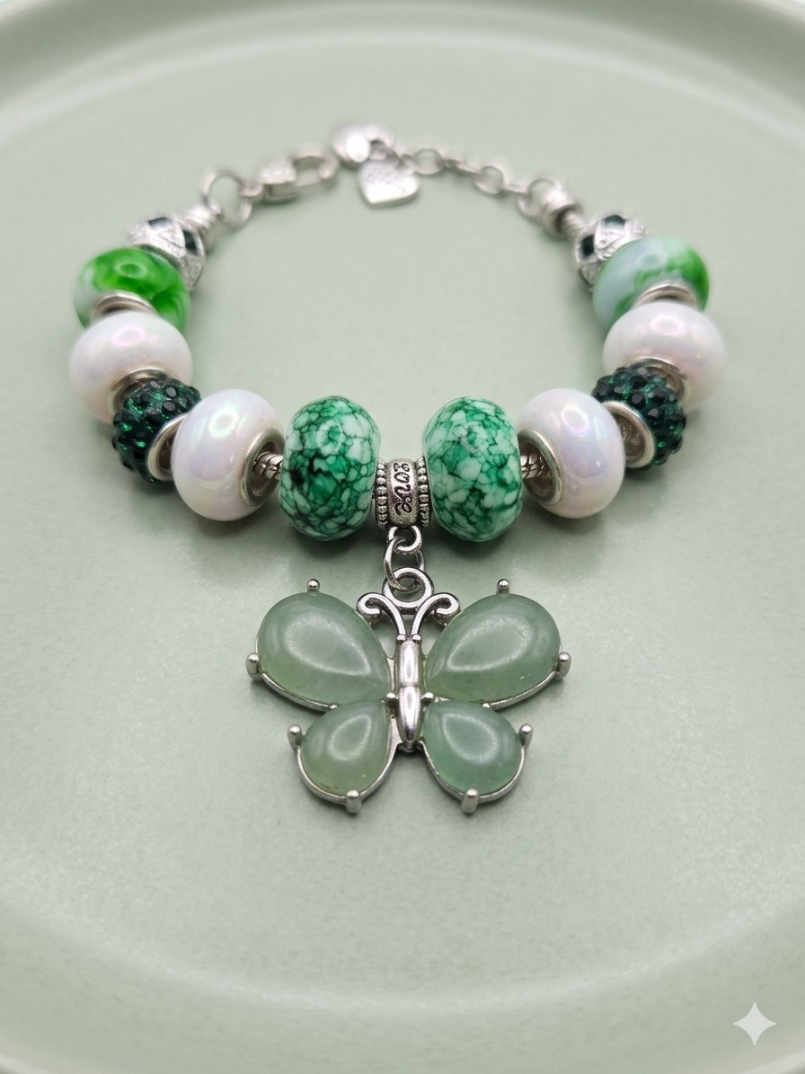 Green & White Beaded Charm Bracelet with Butterfly Dangle, Lobster Clasp