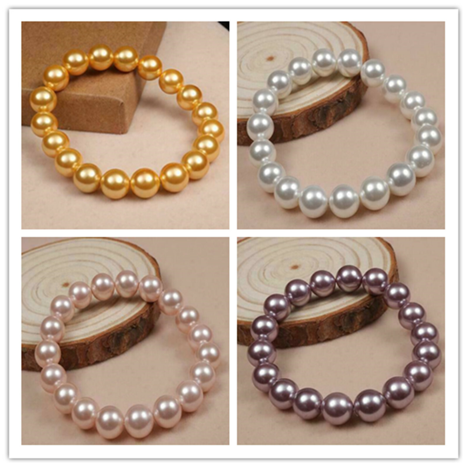 4 Color 8/10/12mm South Sea Shell Pearl Round Gemstone Bracelet 7.5 Inch AAA