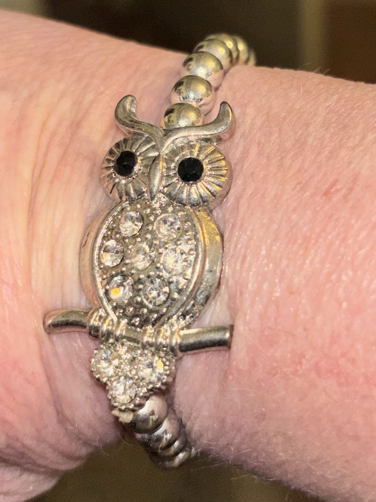 Owl Crystal Metal Stretch Bracelet Silver Tone Beaded Costume Jewelry