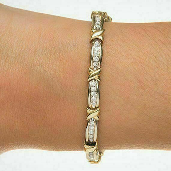 2CT Simulated Diamond “X” link Tennis Bracelet White & Yellow Gold Plated Silver
