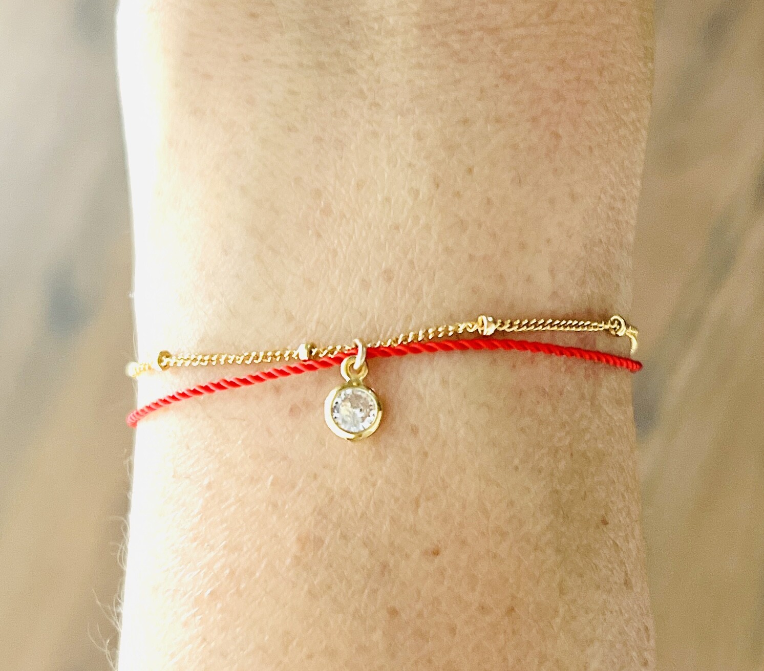 Red String and Satellite Chain with Crystal Layering Bracelet Gold Fill Silver