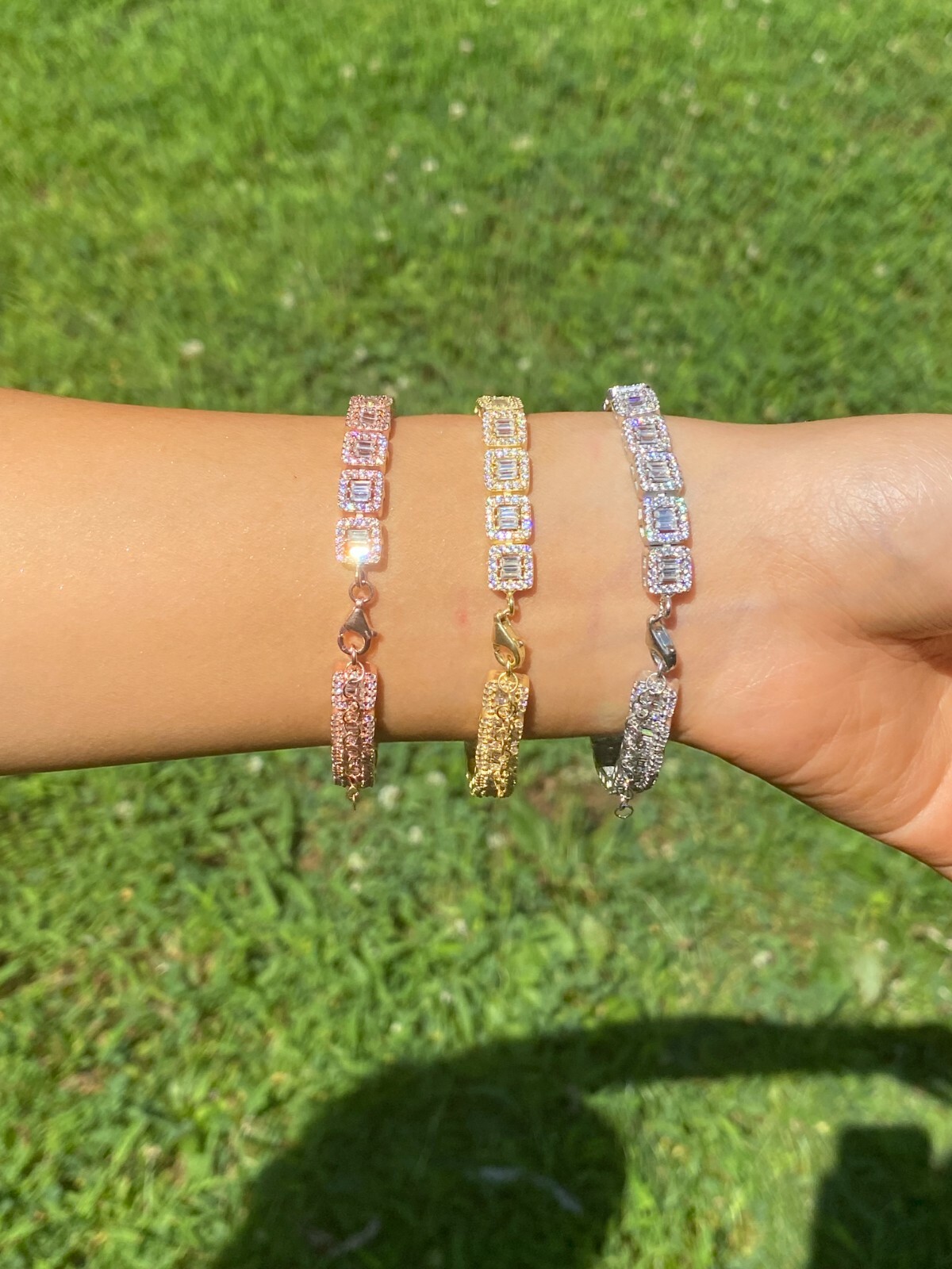 Real 925 Silver Yellow Rose Gold Plated Square Cluster Bracelet Baguette CZ