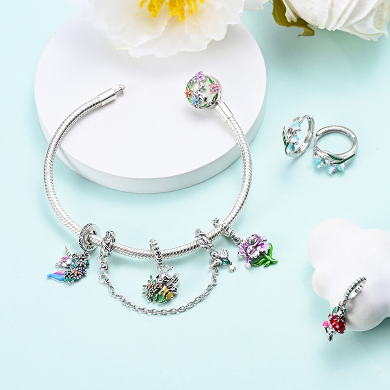 MULA S925 Sterling Silver Charm CZ Enamel Green Forest Flower For Women Bracelet